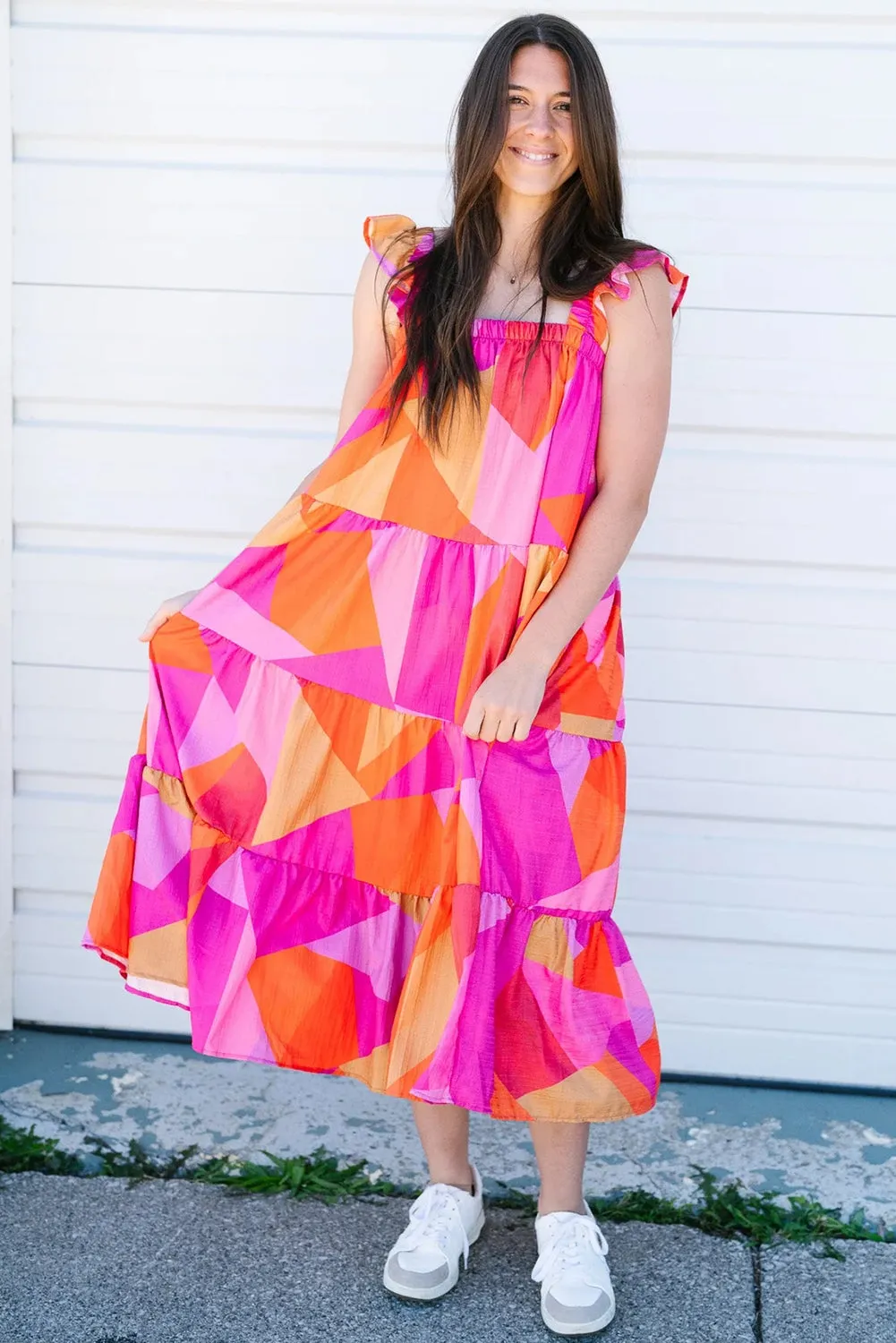 Multicolour Boho Geometric Ruffle Strap Tiered Midi Dress