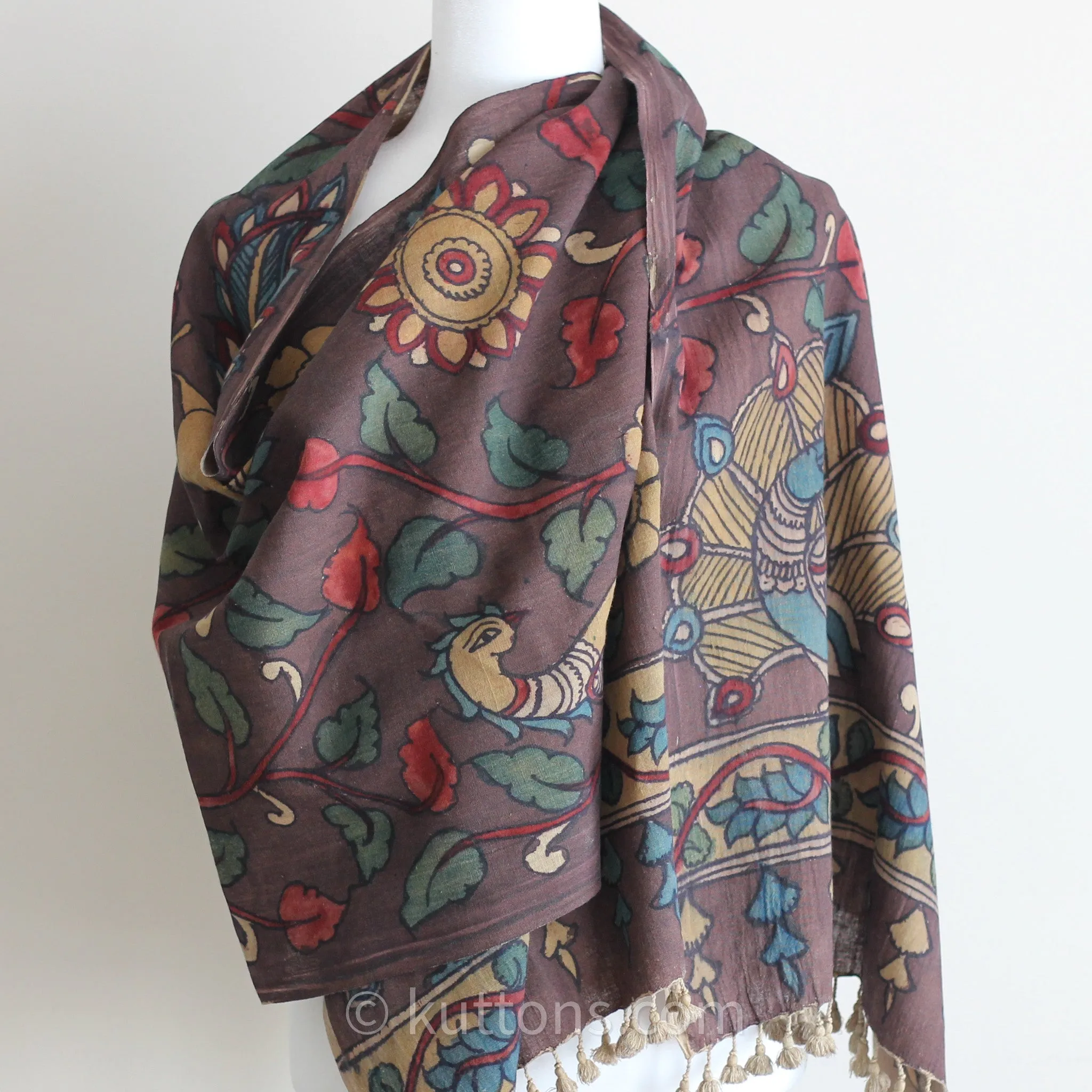 Naturally Hand-Painted Kalamkari Organic Cotton Scarf - Ethnic Stole from Natural Dyes | Brown, 23x86"