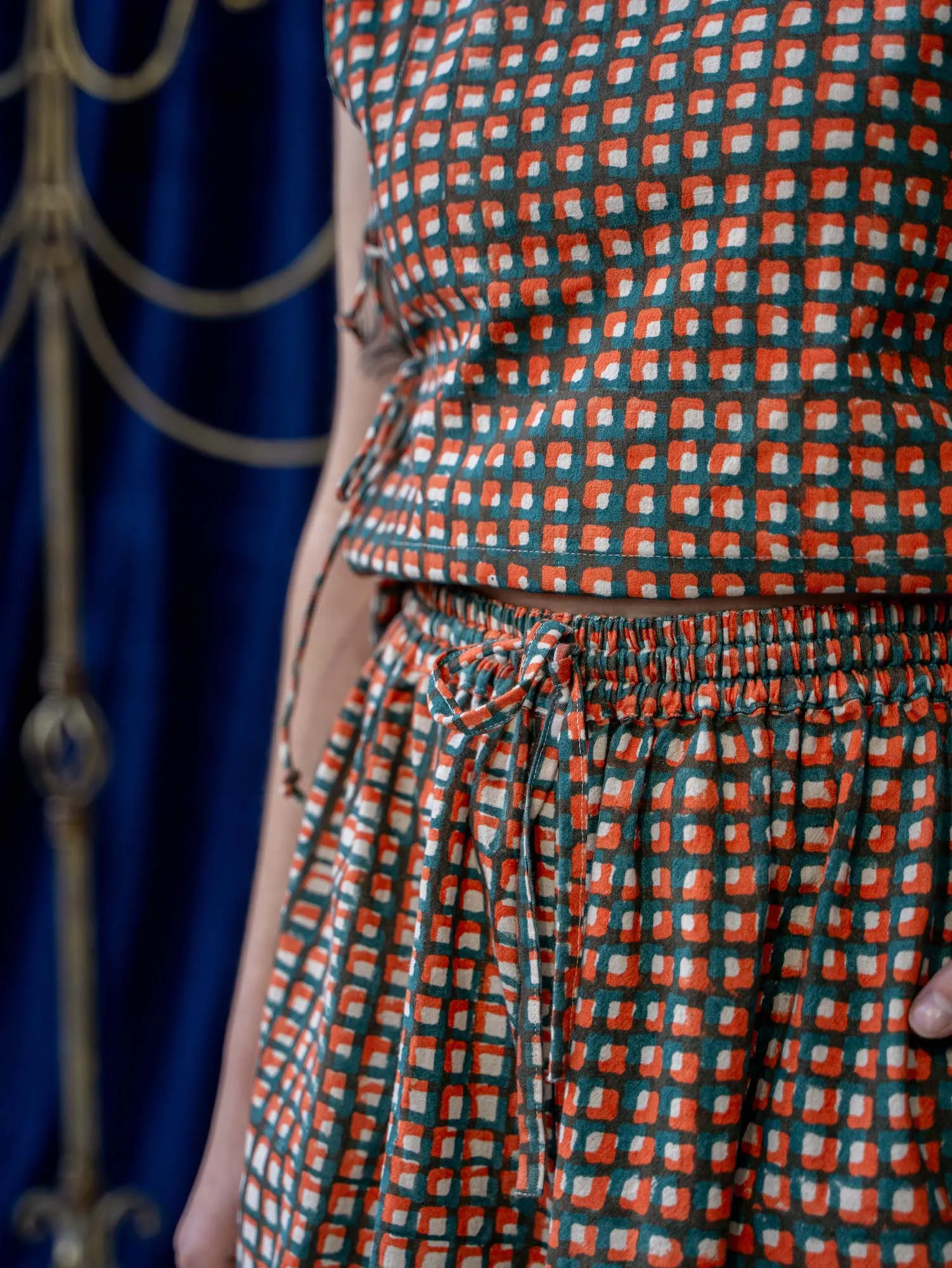 Nepalese Skirt - Teal and Orange Waffle Print