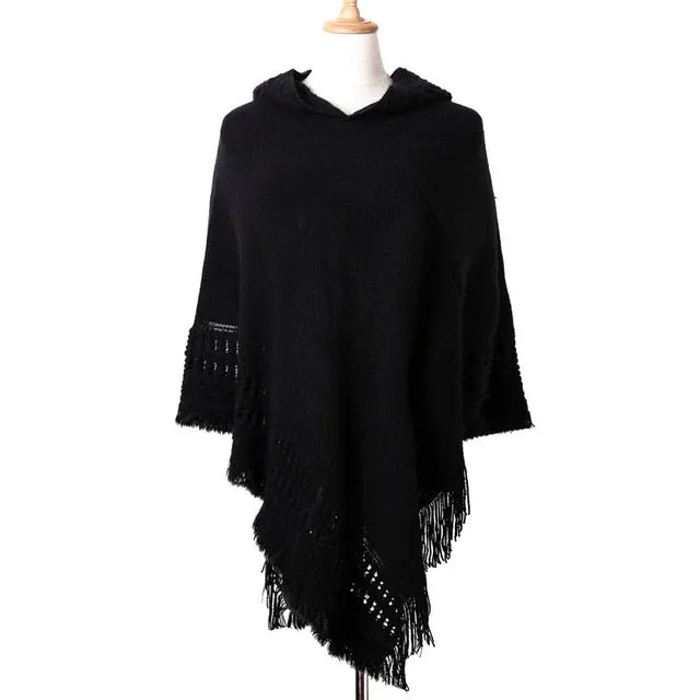 New Women Ladies Tassel Cape Coat Poncho Stripe Coat Shawl Scarf