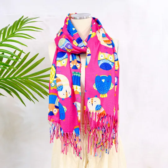 Owl Print Oversized Scarf with Fringe