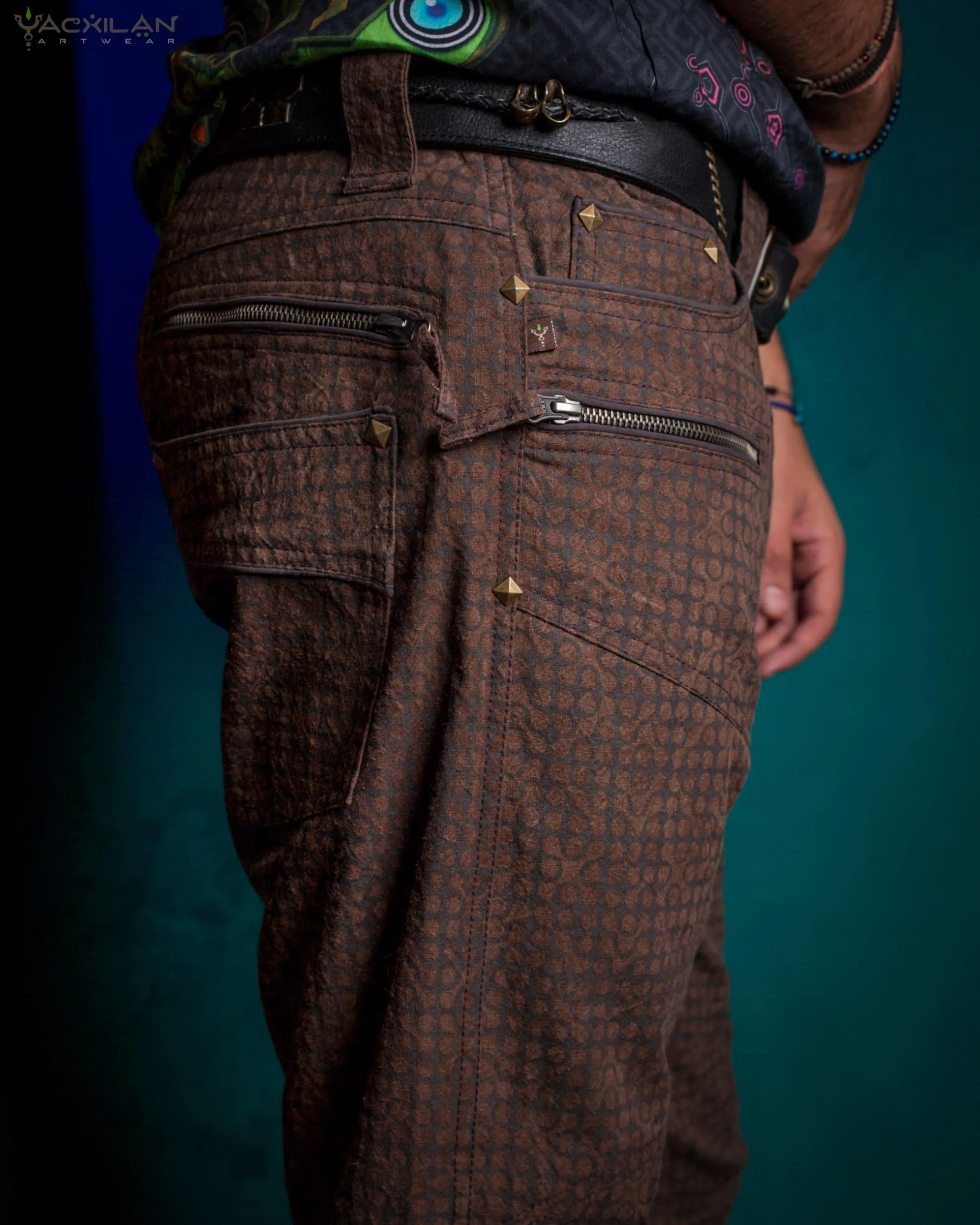 Pants Men / Hemp Woven Veg Dye & Print Brown - TETRIS