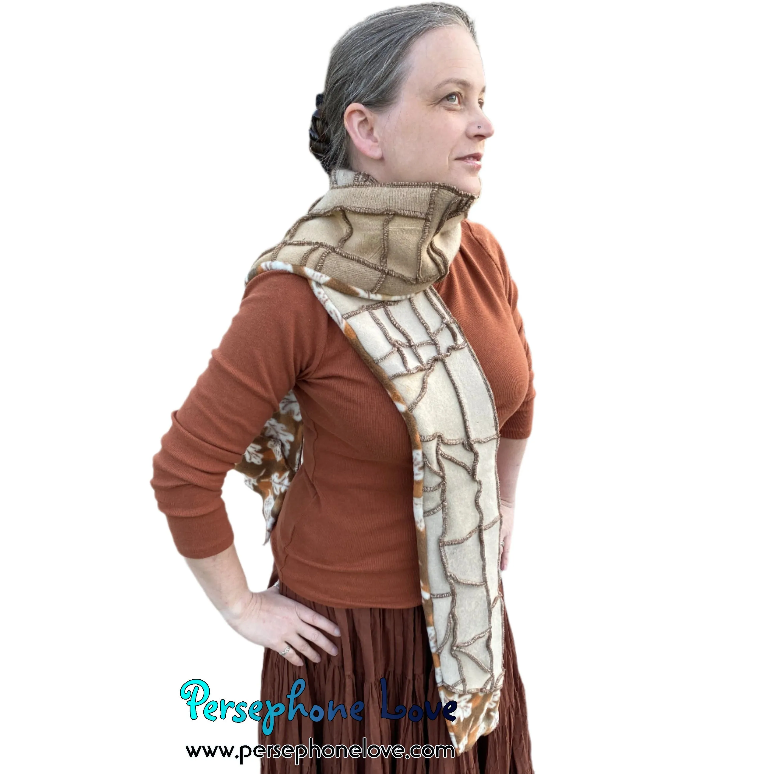 Patchwork beige 100% cashmere upcycled needle-felted sweater scarf -1713