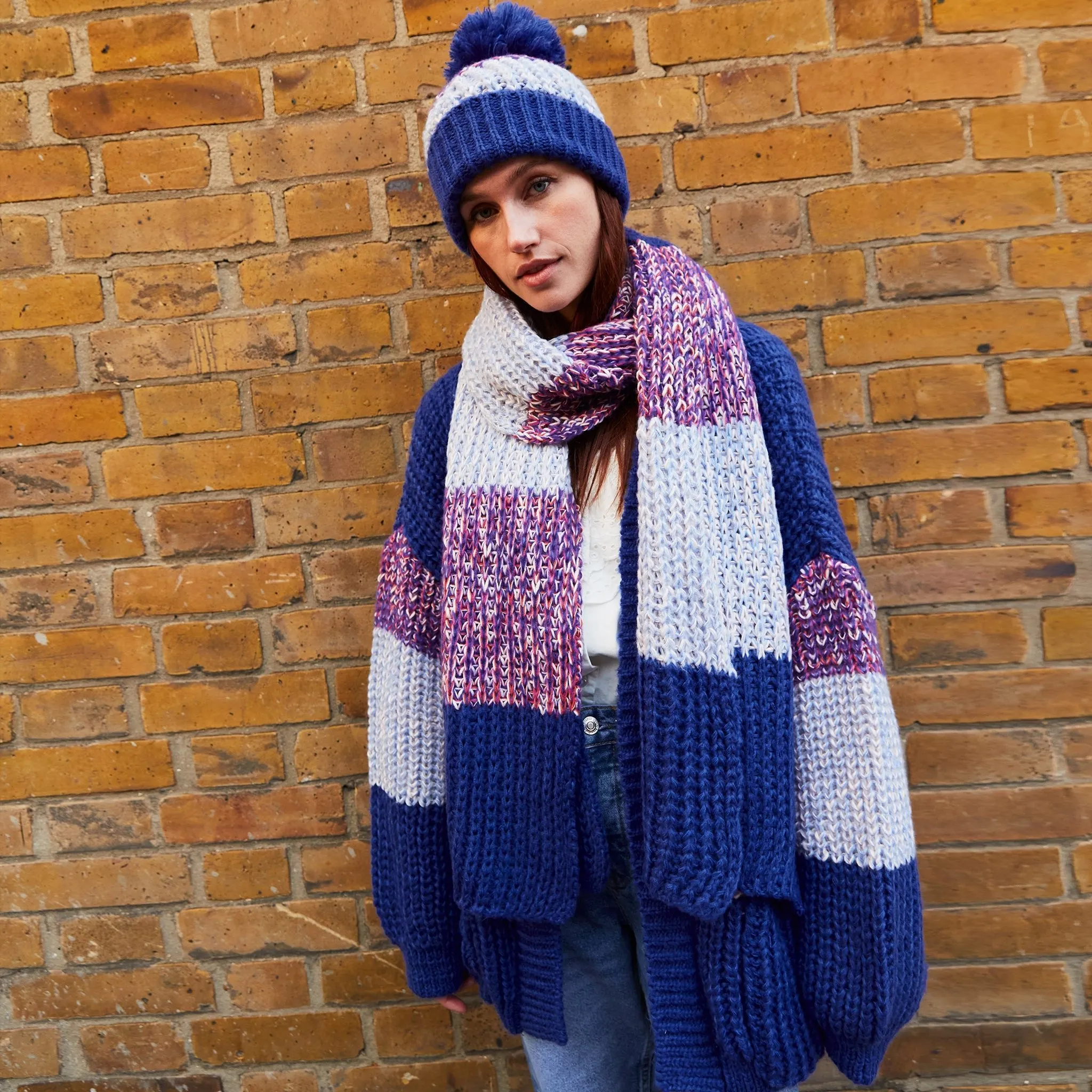 Phoebe Stripe Beanie Bobble Hat - Cobalt Blue