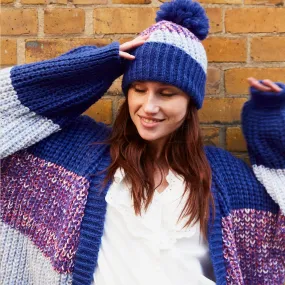 Phoebe Stripe Beanie Bobble Hat - Cobalt Blue