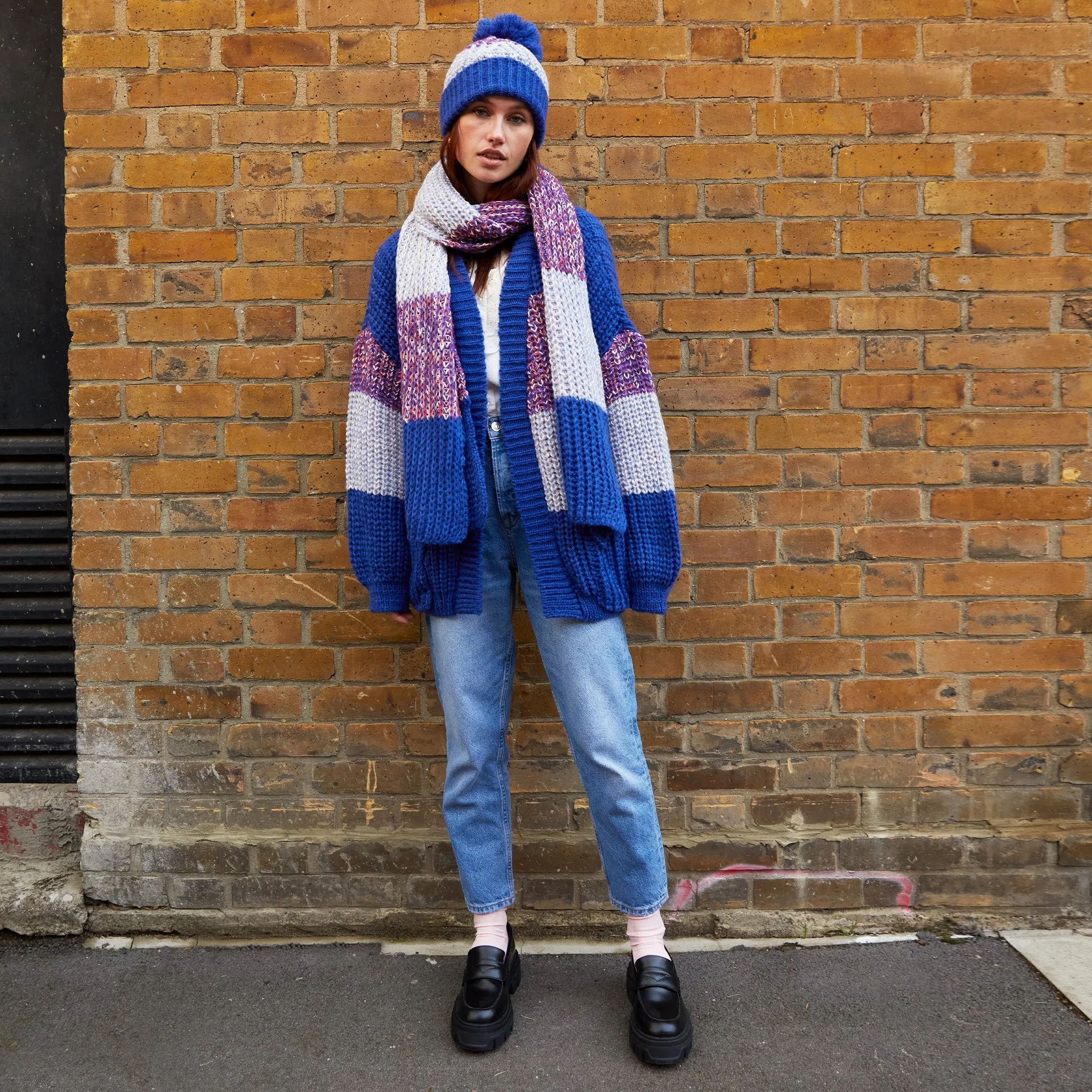 Phoebe Stripe Beanie Bobble Hat - Cobalt Blue