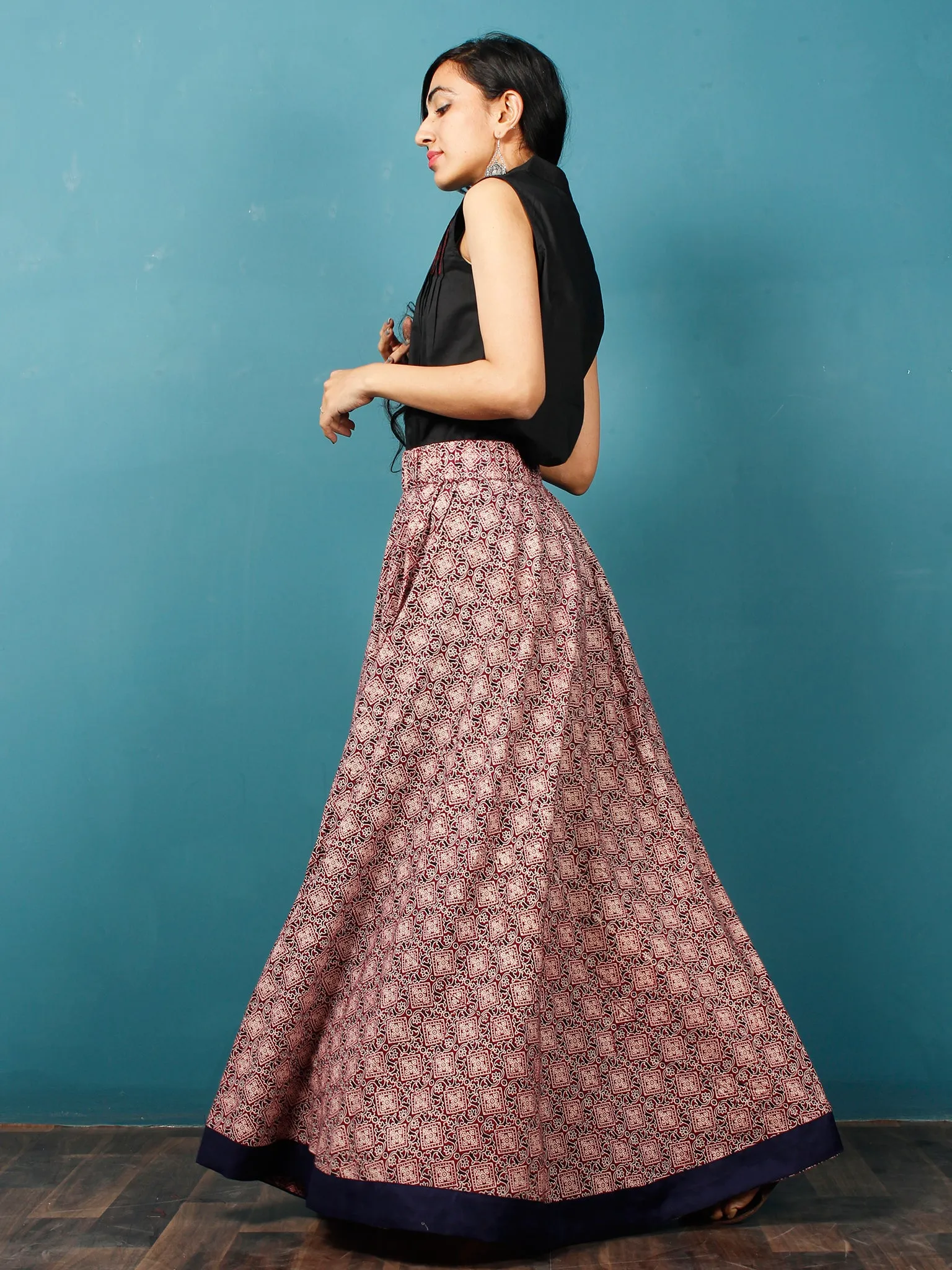 Plum Black Light Peach  Hand Block Printed Skirt With Navy Blue Border - S40F685