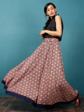 Plum Black Light Peach  Hand Block Printed Skirt With Navy Blue Border - S40F685