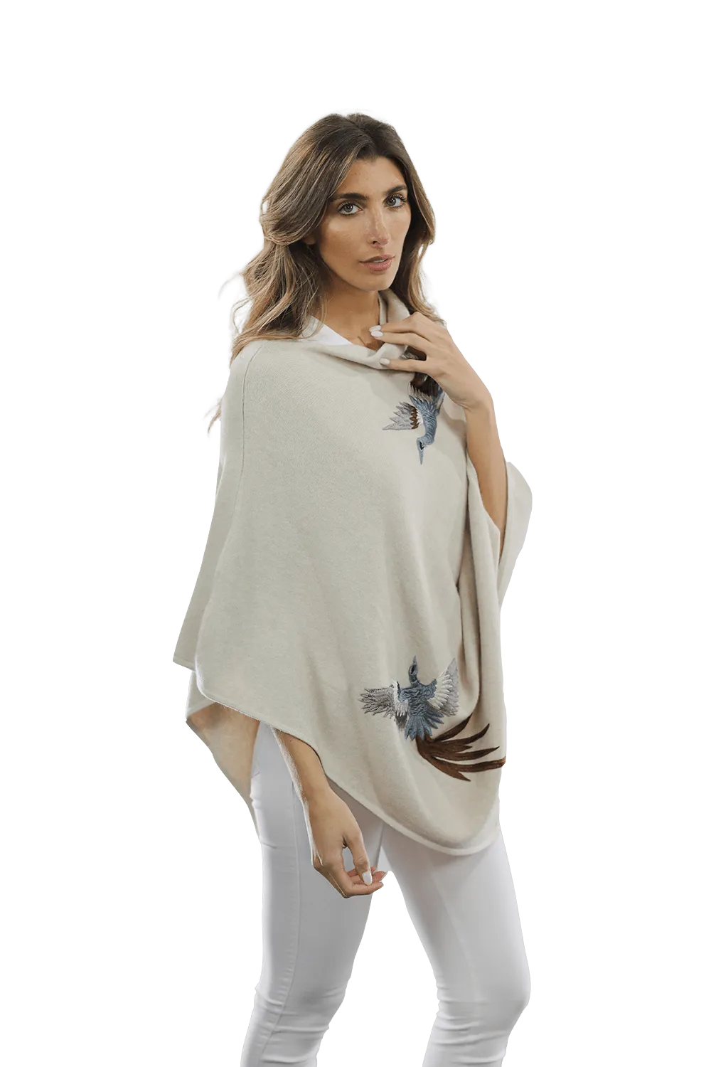 Poncho with Embroidered Phoenix   - Ivory