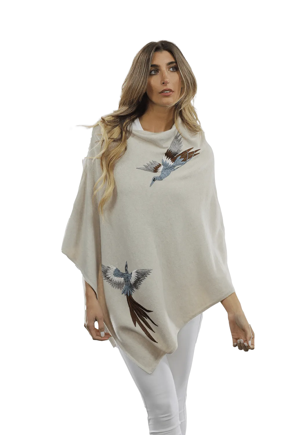 Poncho with Embroidered Phoenix   - Ivory