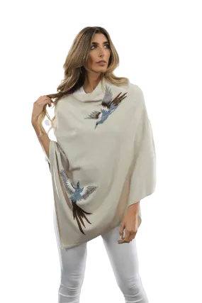 Poncho with Embroidered Phoenix   - Ivory