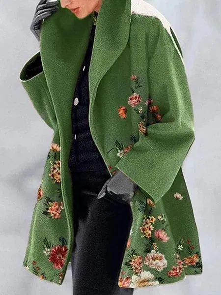 Purpdrank - hot-selling slim-fit woolen coat green collar temperament college printed lapel coat winter clothes for women