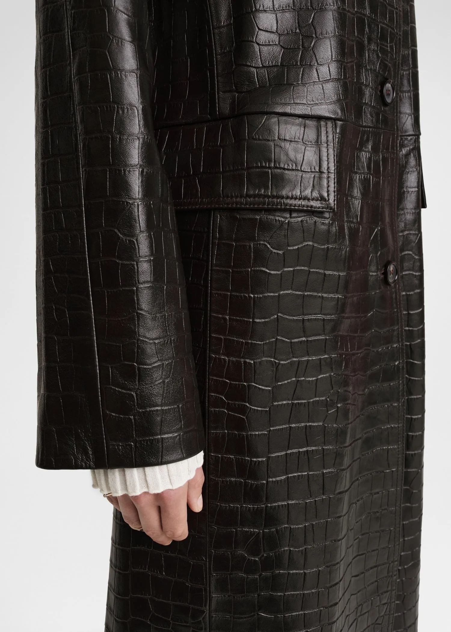 Raglan-sleeve croco embossed coat dark brown