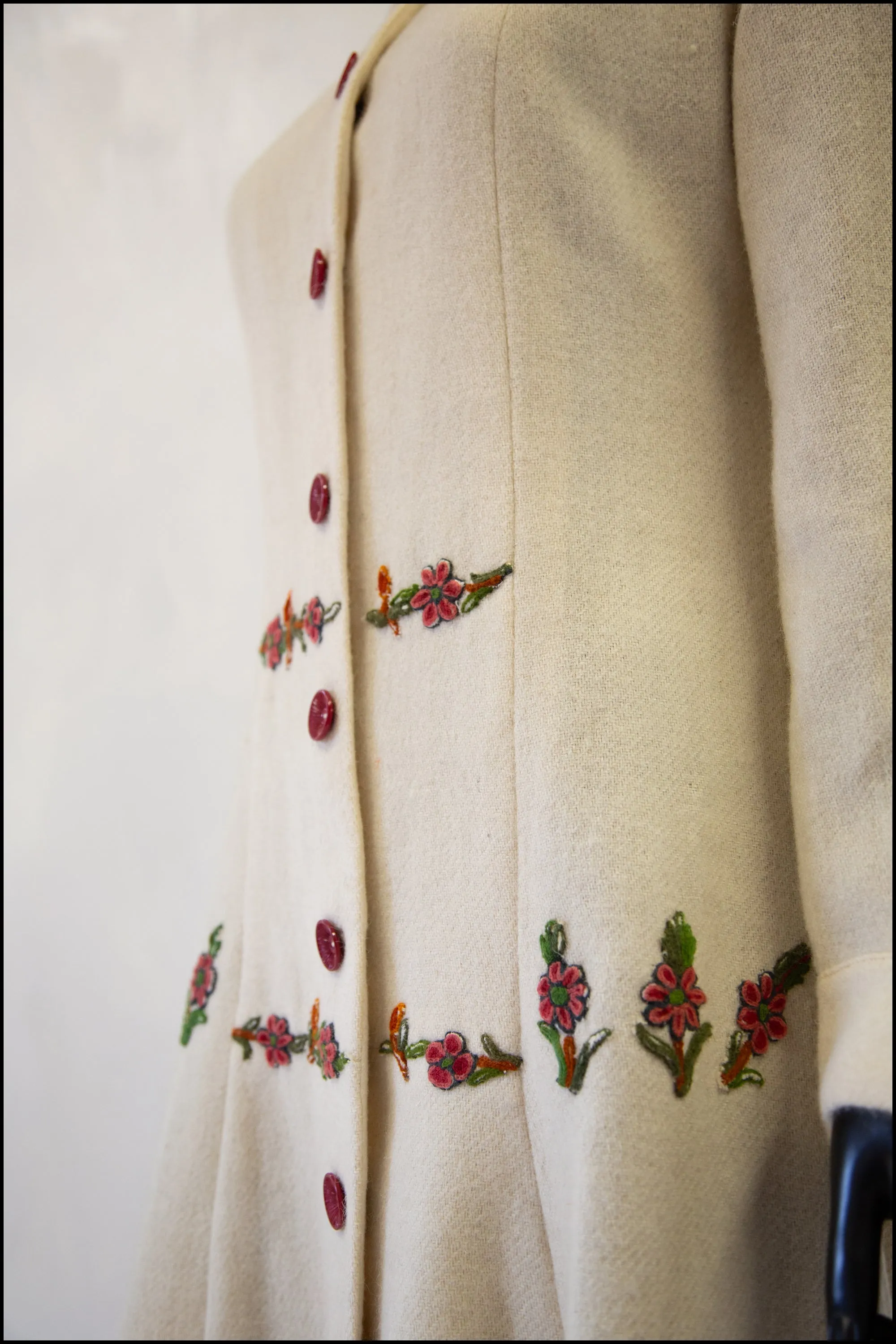 Reserved - Vintage 1940s Cream Embroidered Wool Maxi Coat