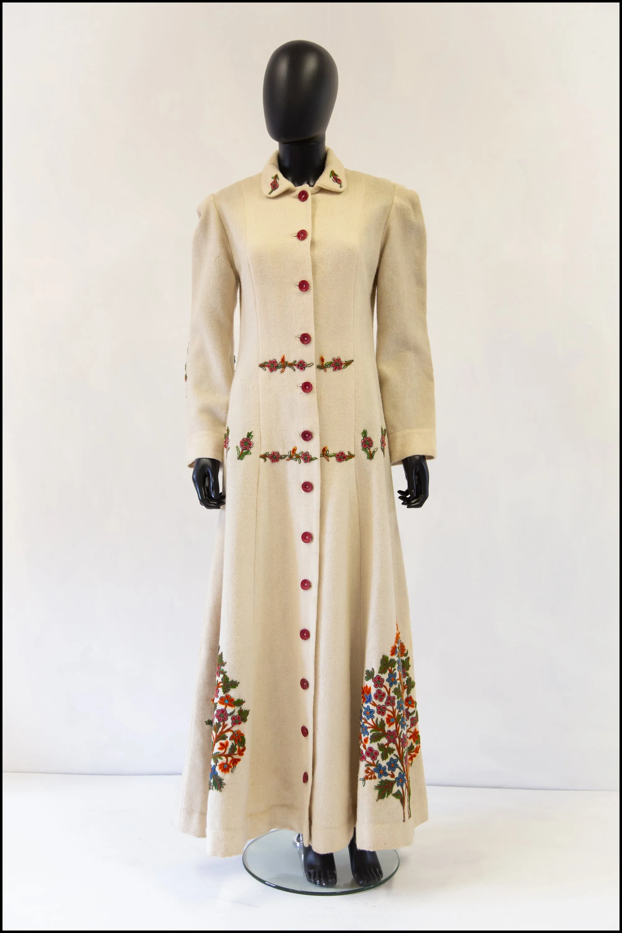 Reserved - Vintage 1940s Cream Embroidered Wool Maxi Coat