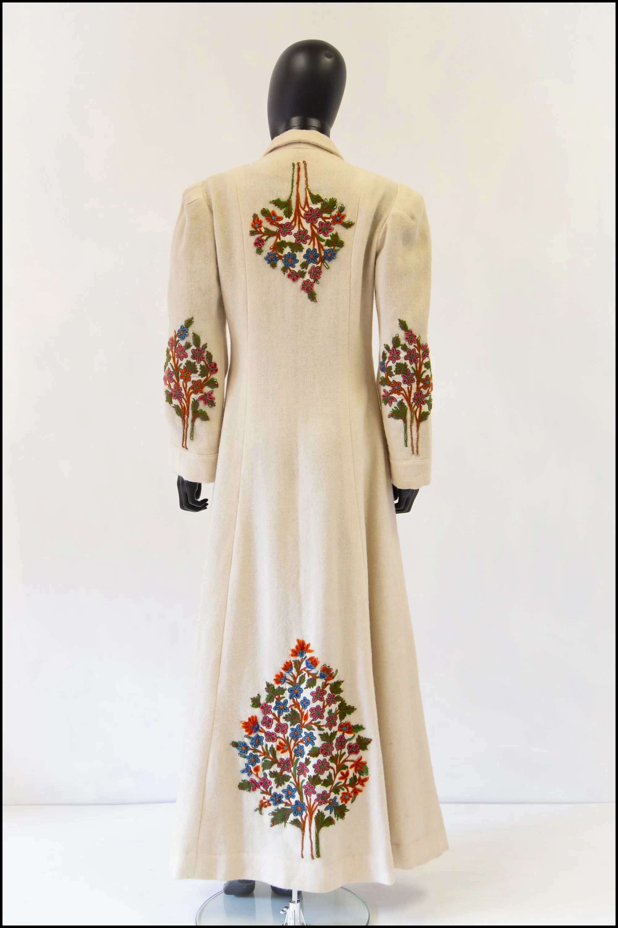 Reserved - Vintage 1940s Cream Embroidered Wool Maxi Coat