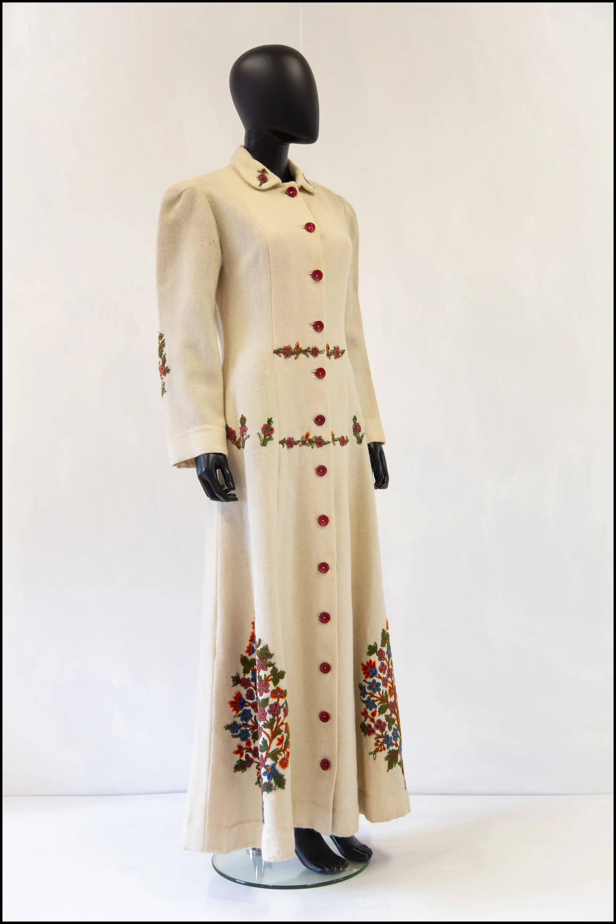 Reserved - Vintage 1940s Cream Embroidered Wool Maxi Coat