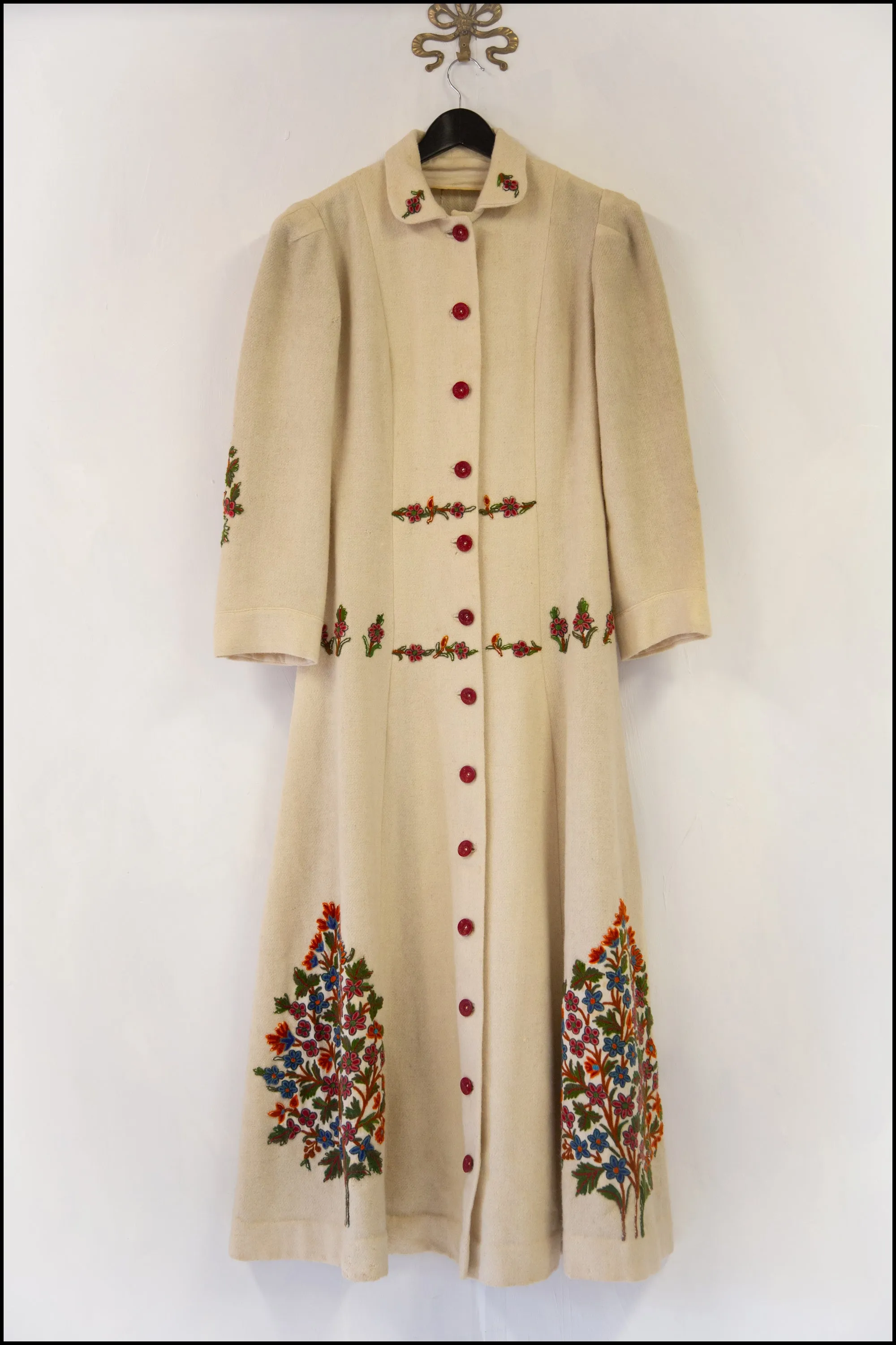 Reserved - Vintage 1940s Cream Embroidered Wool Maxi Coat