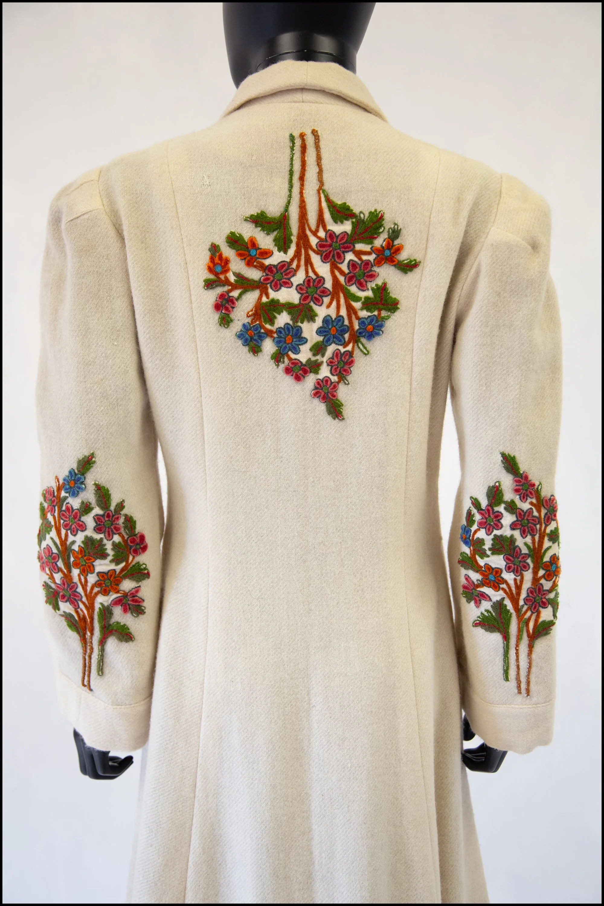 Reserved - Vintage 1940s Cream Embroidered Wool Maxi Coat