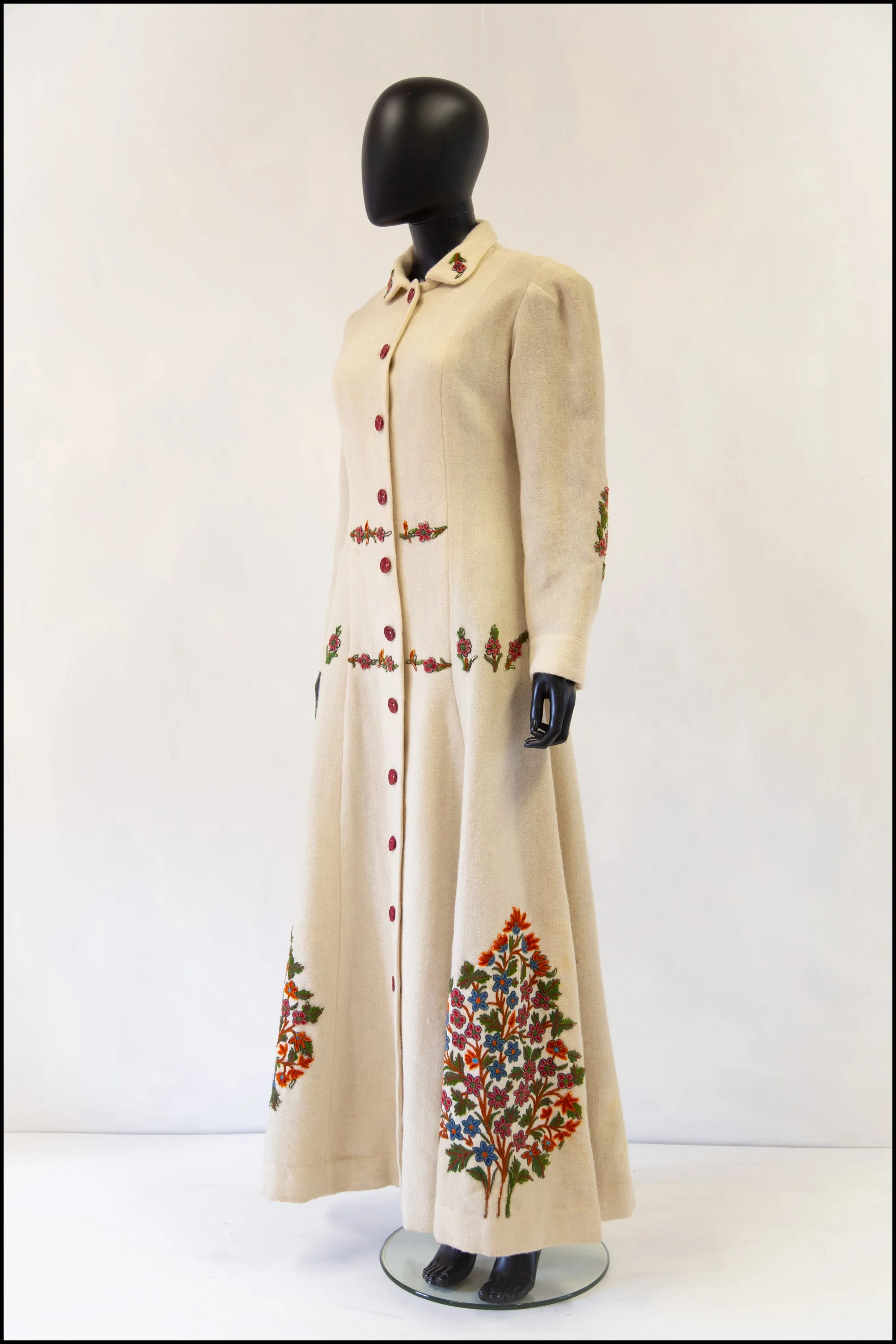 Reserved - Vintage 1940s Cream Embroidered Wool Maxi Coat