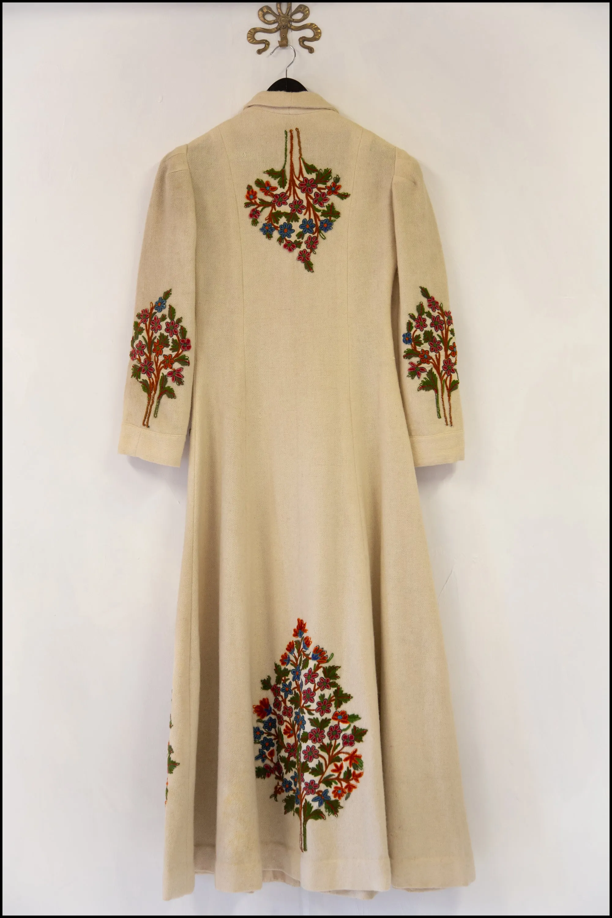 Reserved - Vintage 1940s Cream Embroidered Wool Maxi Coat