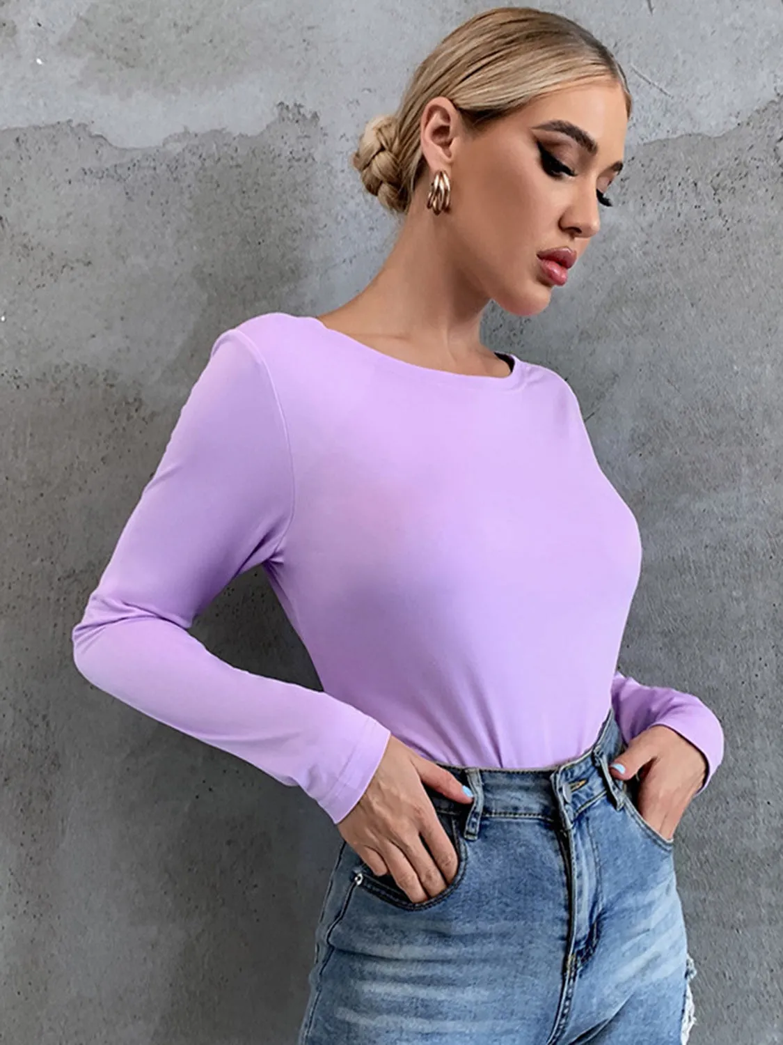 Solid Color Backless Round Neck Long Sleeve T-Shirt Women's Open back Shirt