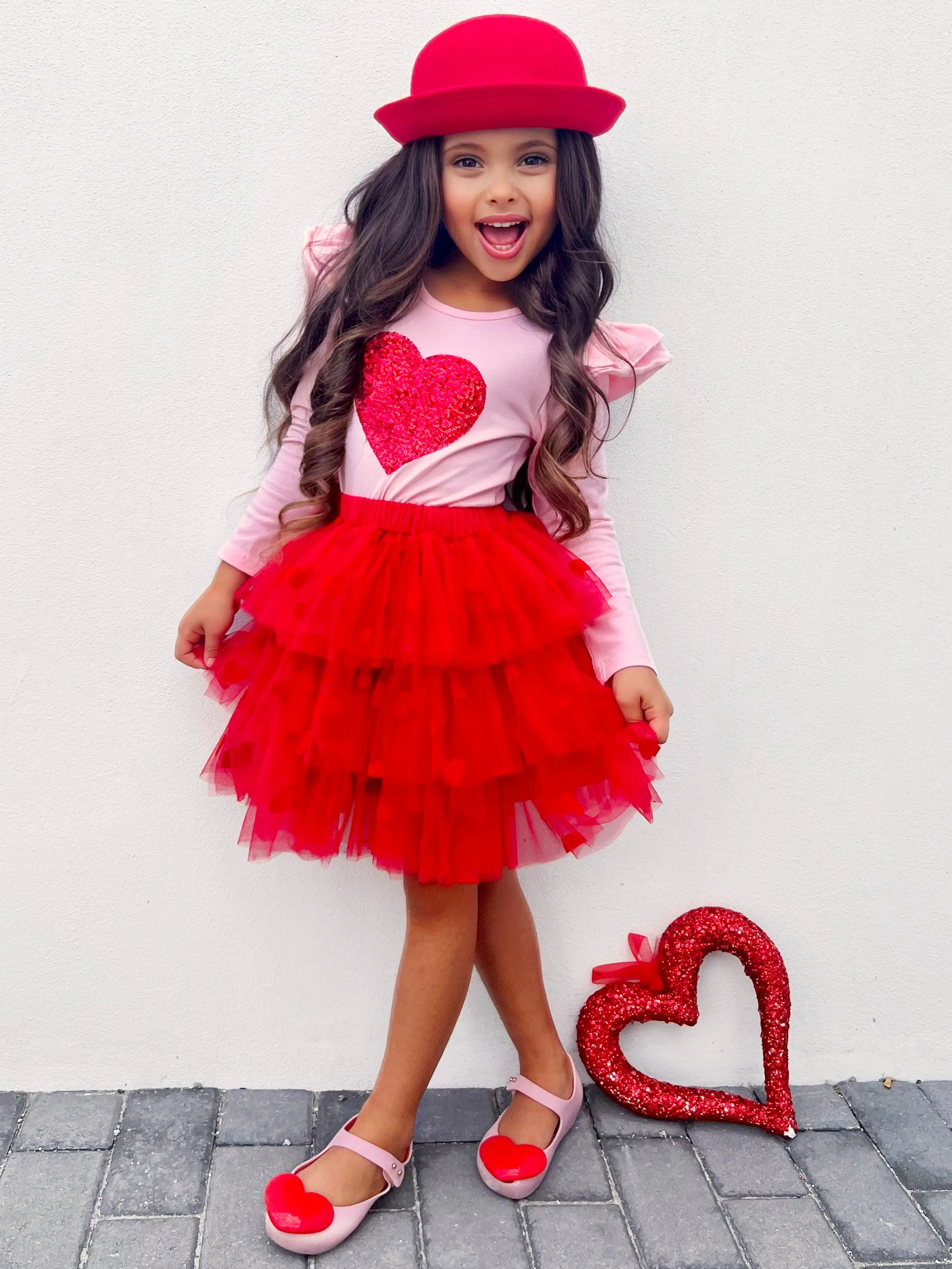 Sparkling Heart Ruffle Shoulder Top and Tiered Skirt Set