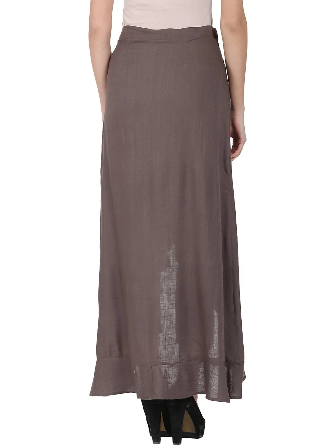 Taupe Ankle Length Rayon Slub Flared Skirt