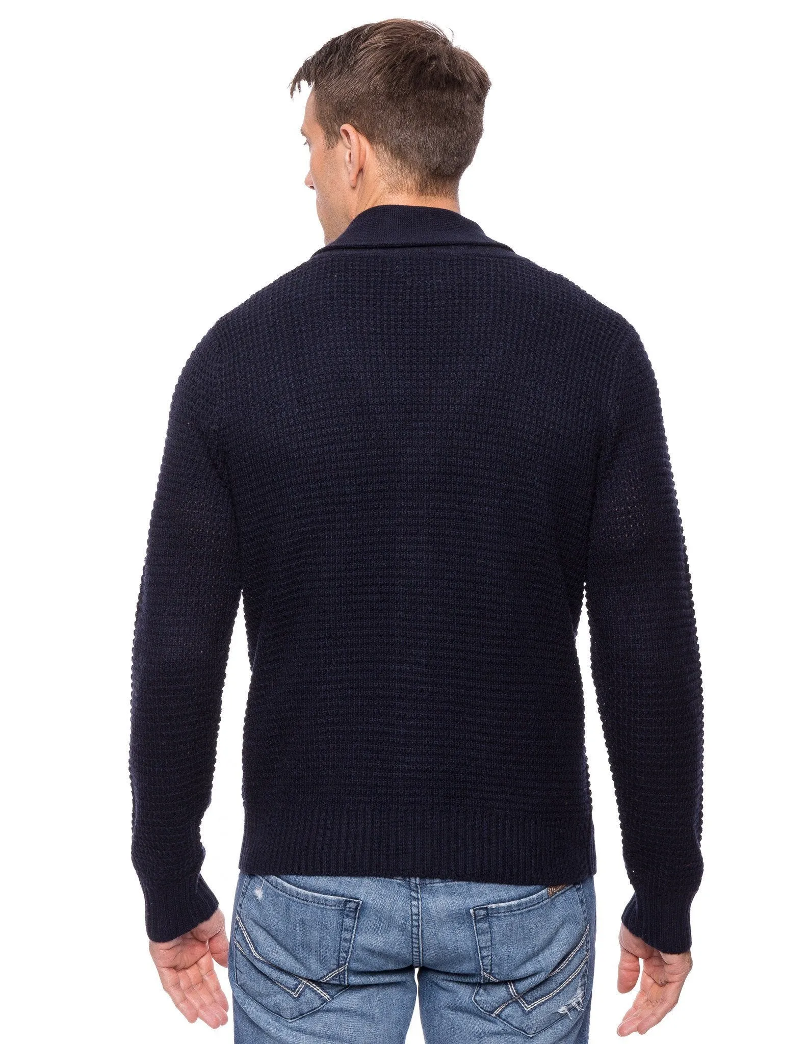 Tocco Reale Men's Wool Blend Shawl Collar Cardigan in Waffle Stitch - Navy