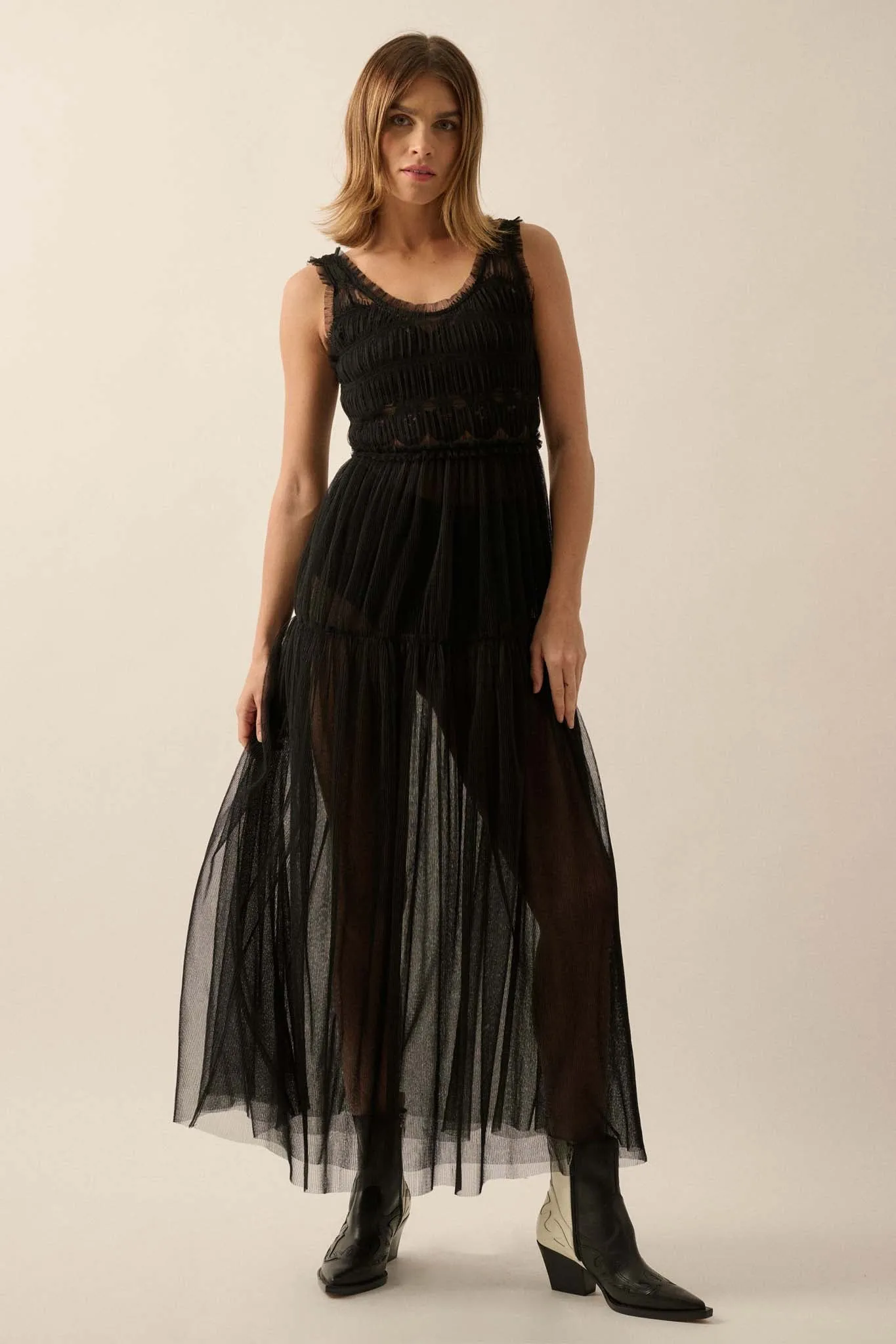 Tulle Time Sheer Smocked Tulle Maxi Dress