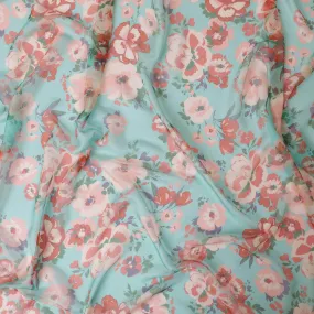 Turquoise green premium pure silk chiffon fabric with multicolor print in floral design-D13227