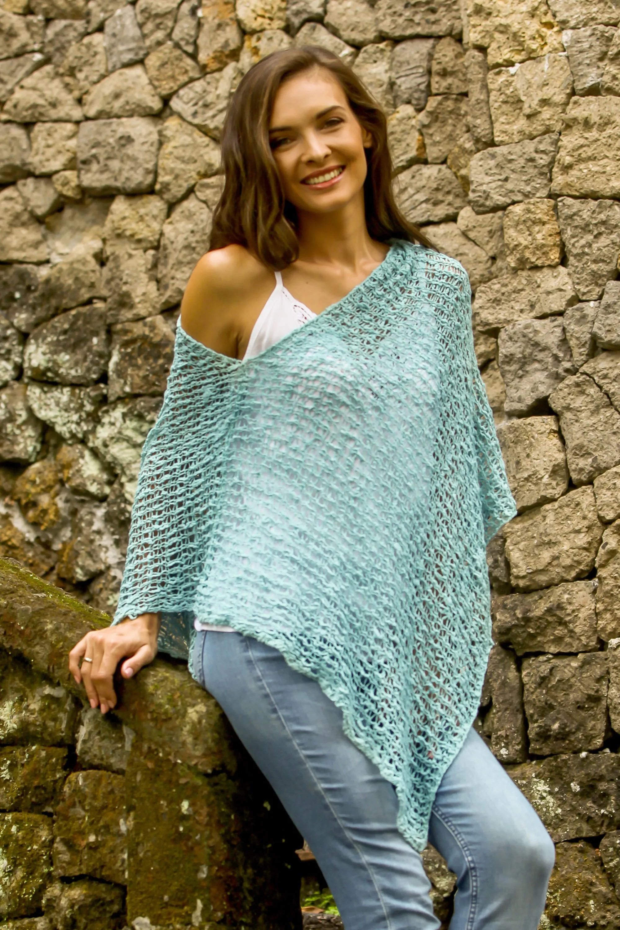 Turquoise Sanur Shade Lightweight Turquoise Hand Crocheted Poncho  from Bali