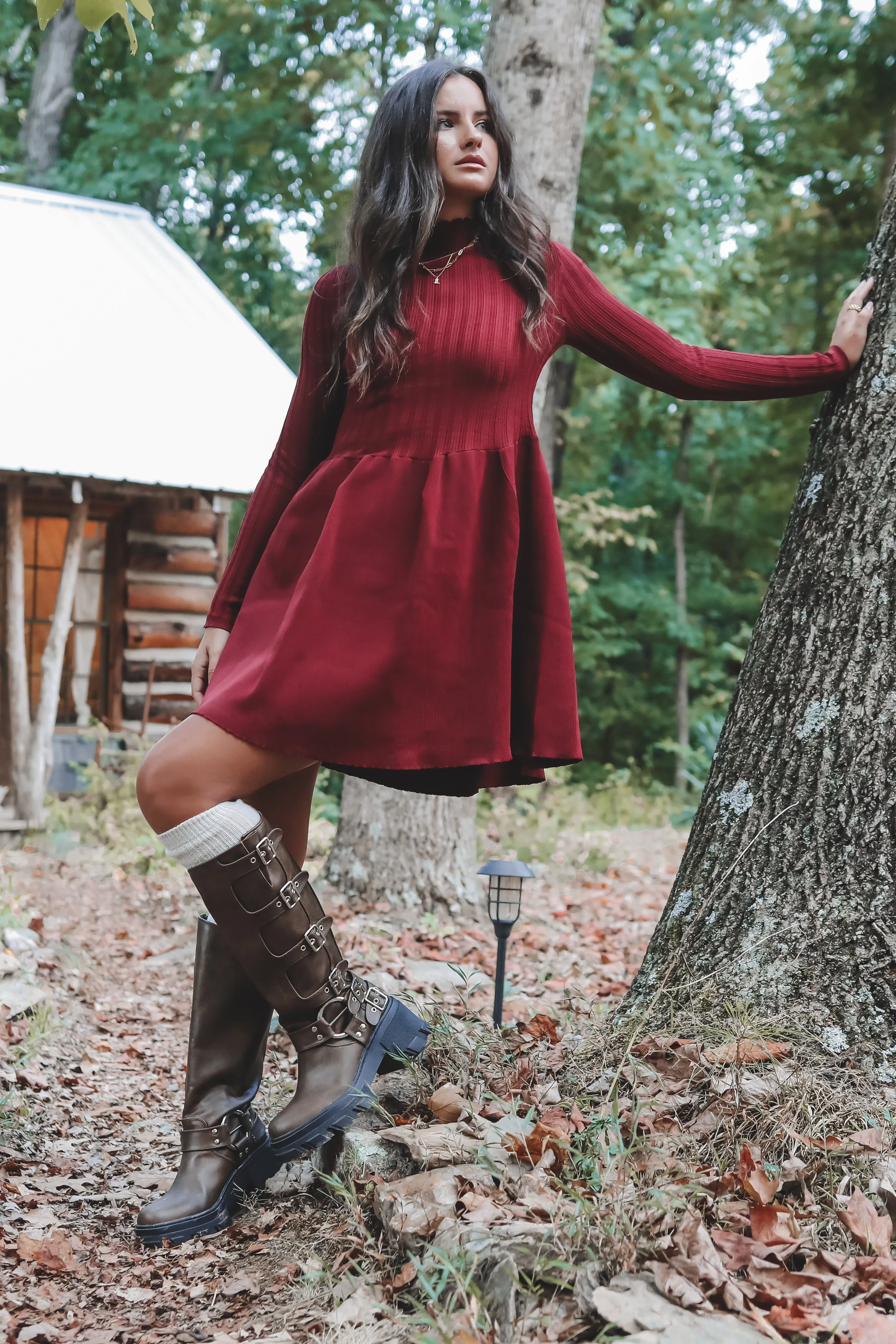 Very Cutesy Very Cabin Long Sleeve Sweater Dress