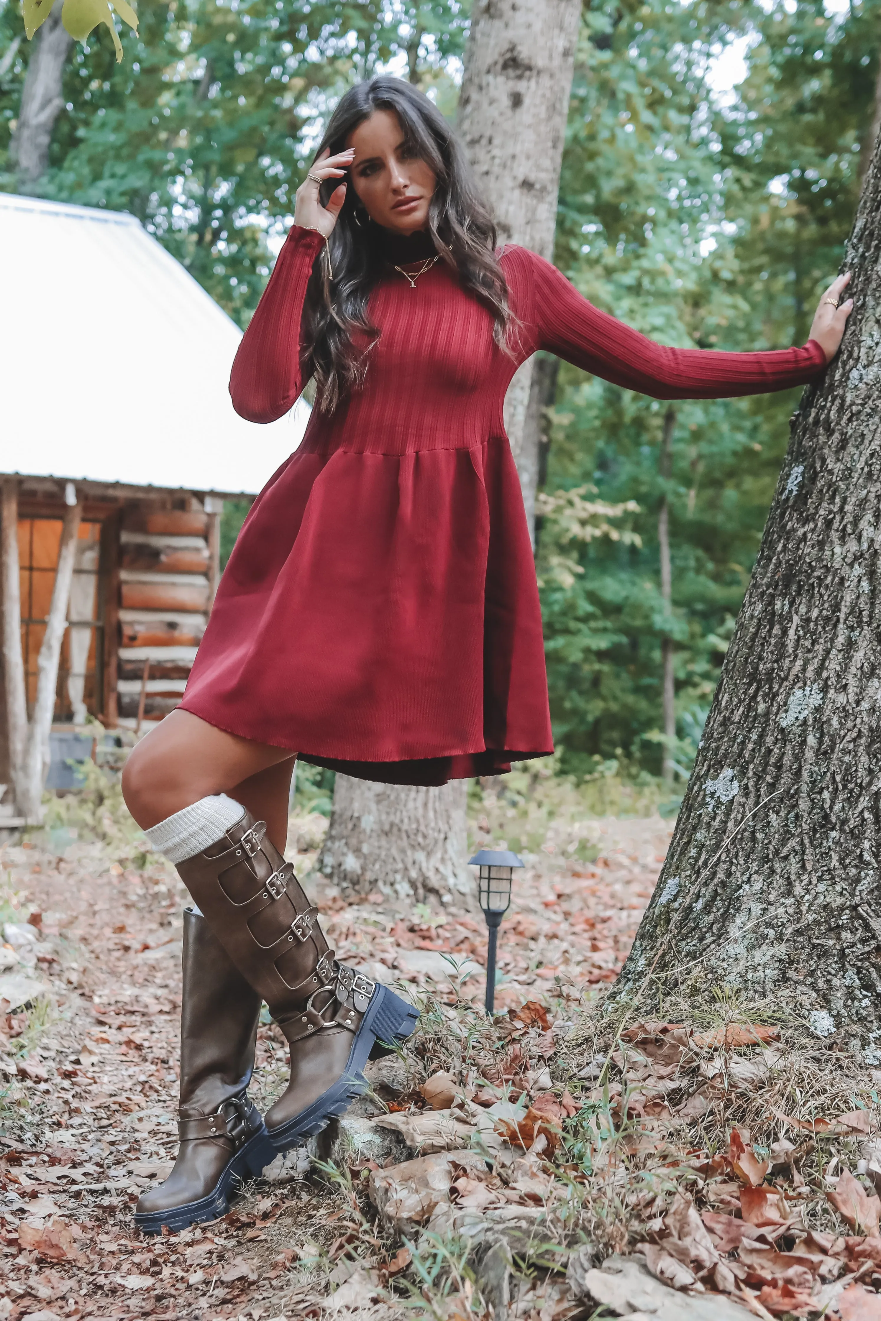 Very Cutesy Very Cabin Long Sleeve Sweater Dress