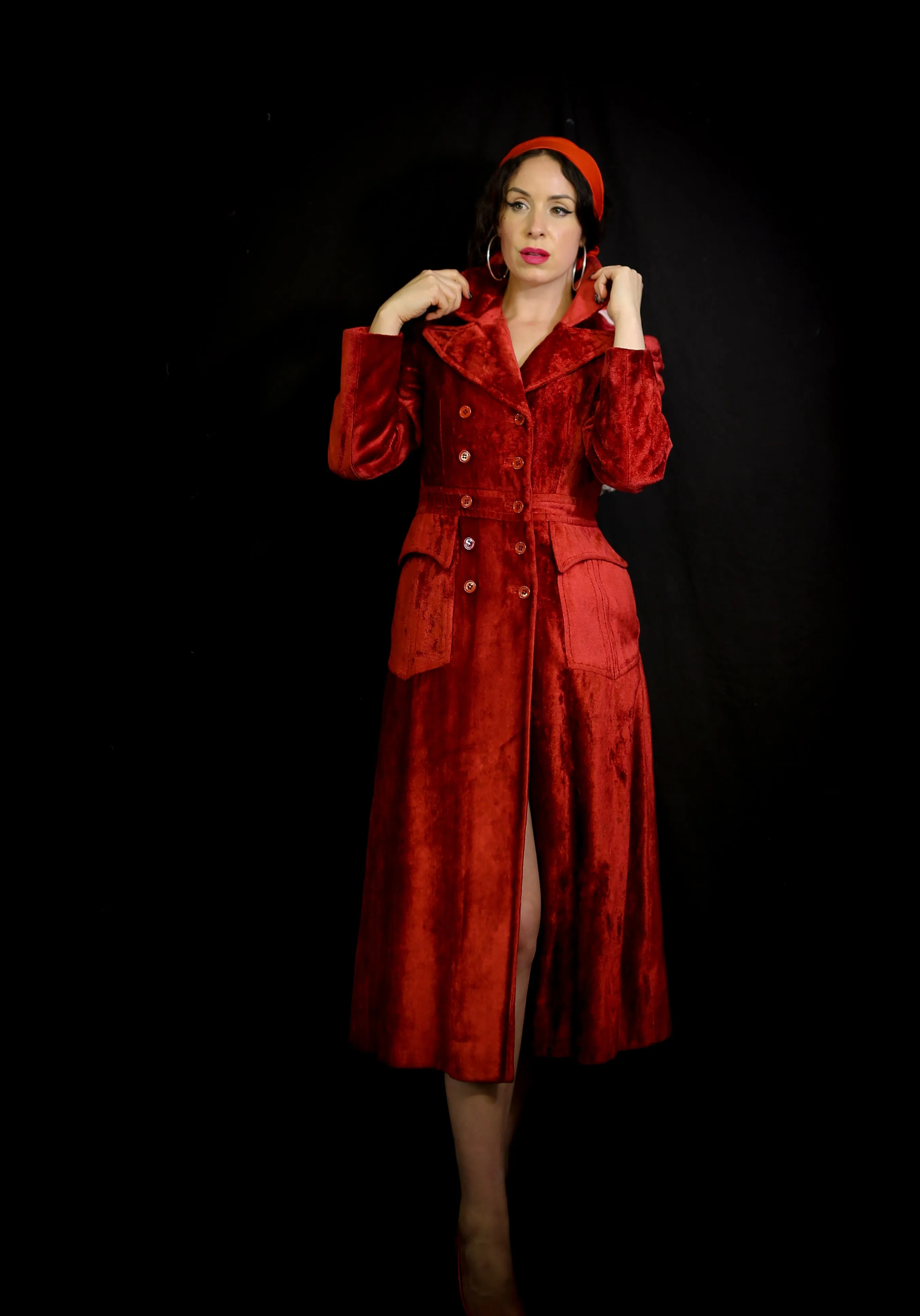 Vintage 1970s Red Velvet Midi Coat