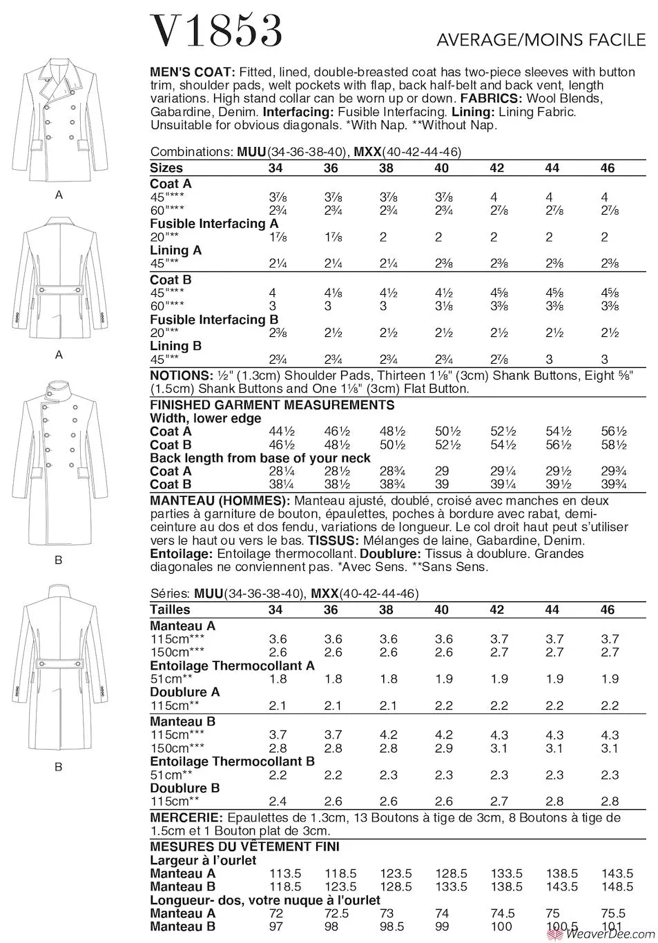 Vogue Pattern V1853 Men's Coat