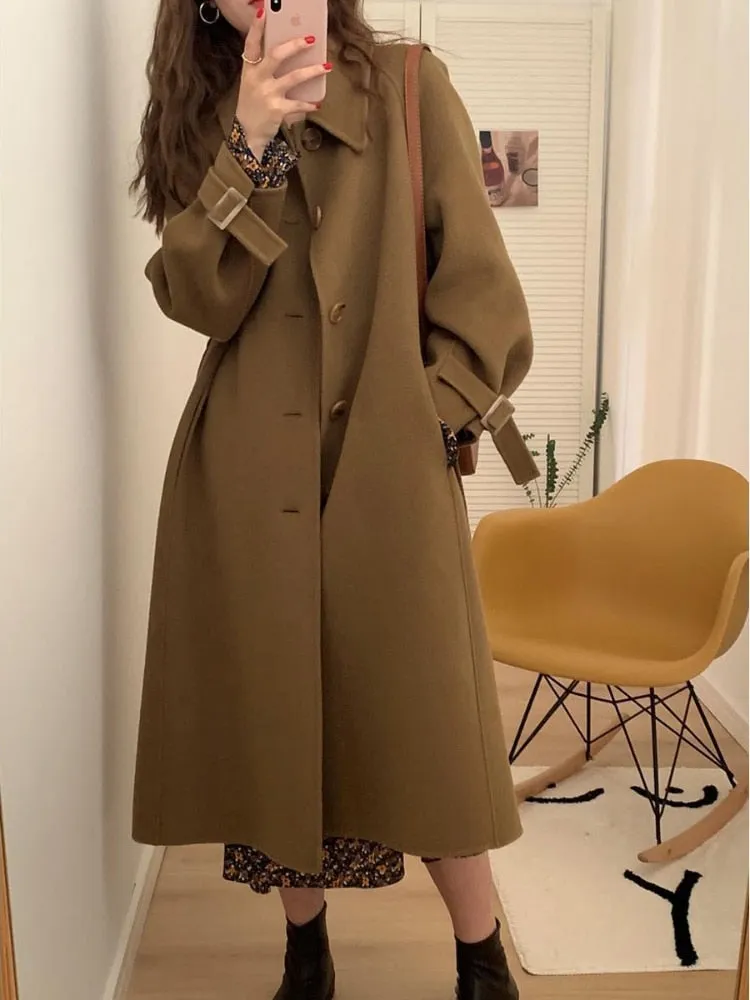 Wjczt Autumn and Winter New Long Knee Length Woolen Black Coat Woolen Coat Womens Winter Clothing Coats and Jackets Women