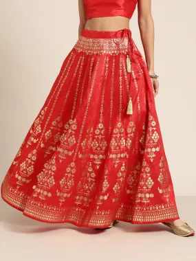 Women Red Foil Print Anarkali Skirt