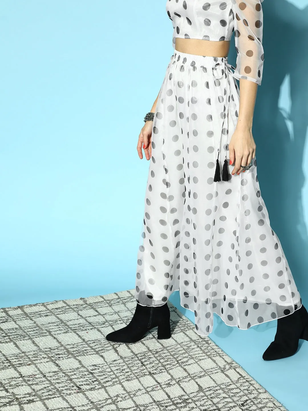 Women White & Black Polka Dot Kali Palazzo Pants