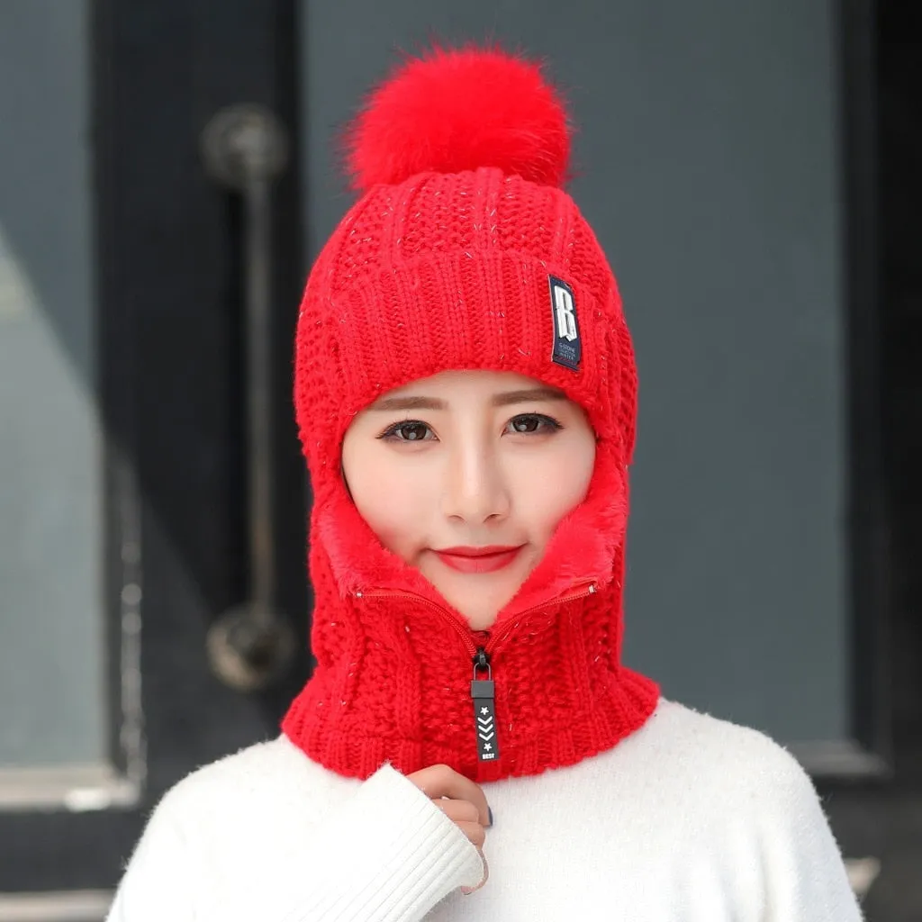 Women Wool Knitted Hat Ski Hat Sets Windproof Winter Outdoor Knit Thick Siamese Scarf Collar Warm Keep Face Warmer Beanies Hat