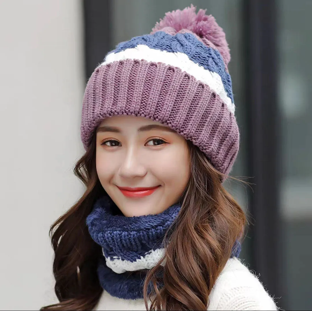 Women Wool Knitted Hat Ski Hat Sets Windproof Winter Outdoor Knit Thick Siamese Scarf Collar Warm Keep Face Warmer Beanies Hat