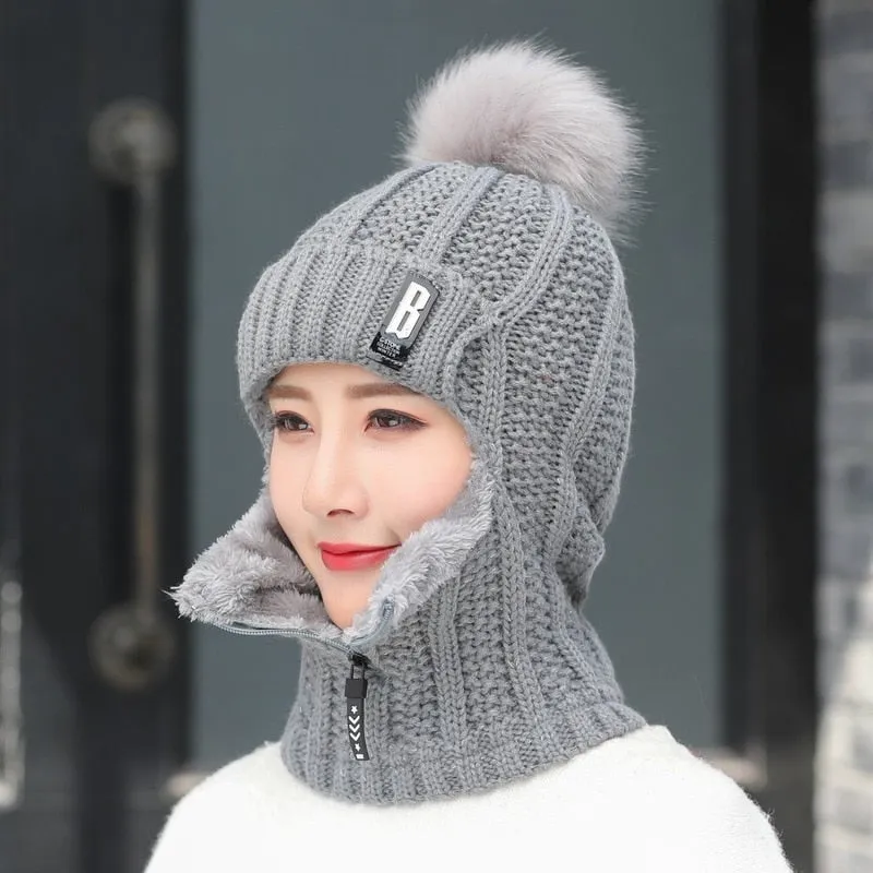 Women Wool Knitted Hat Ski Hat Sets Windproof Winter Outdoor Knit Thick Siamese Scarf Collar Warm Keep Face Warmer Beanies Hat