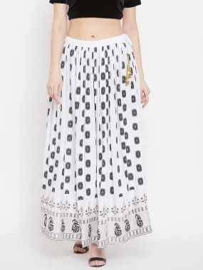 Women'S White Flared Printed Skirt