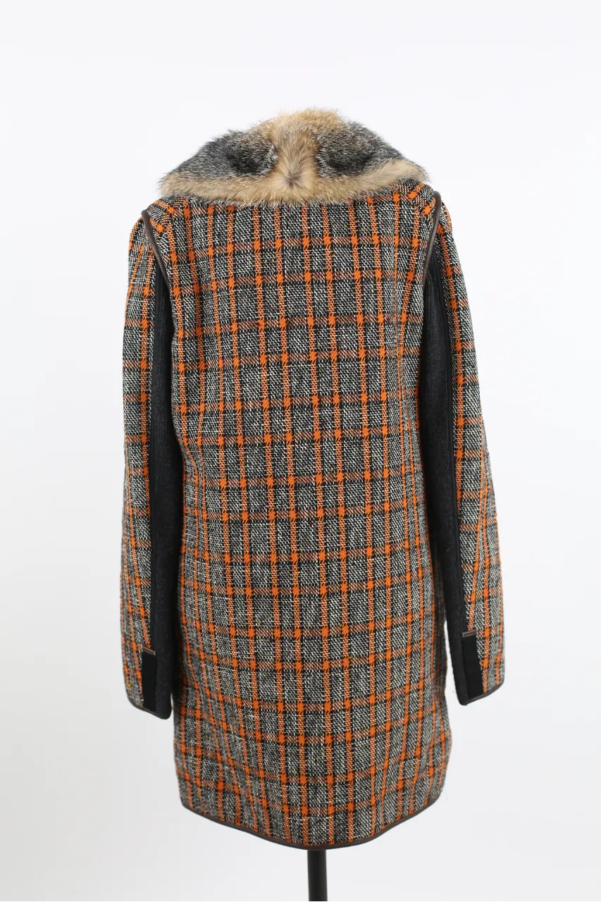 Wool Tweed Down Coat W/ Fur Collar