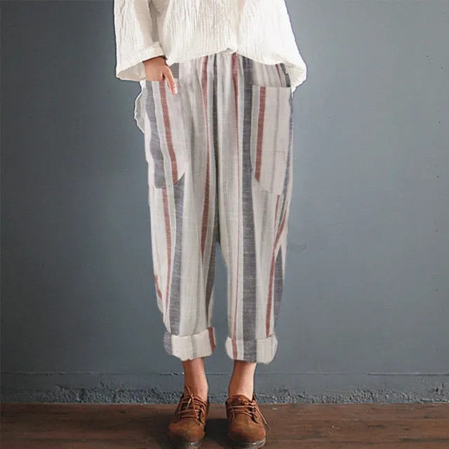 Yeknu Plus Size Cotton Linen Trousers Women Summer Loose Harem High Waist Stripe Pocket Pant Casual Pantalon Female Sweatpants Trouser